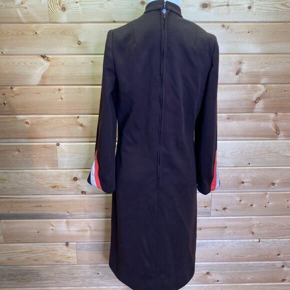 Vintage ILGWU Union Made Brown Polyester Mock Neck Chevron Shift Dress - Picture 5 of 11